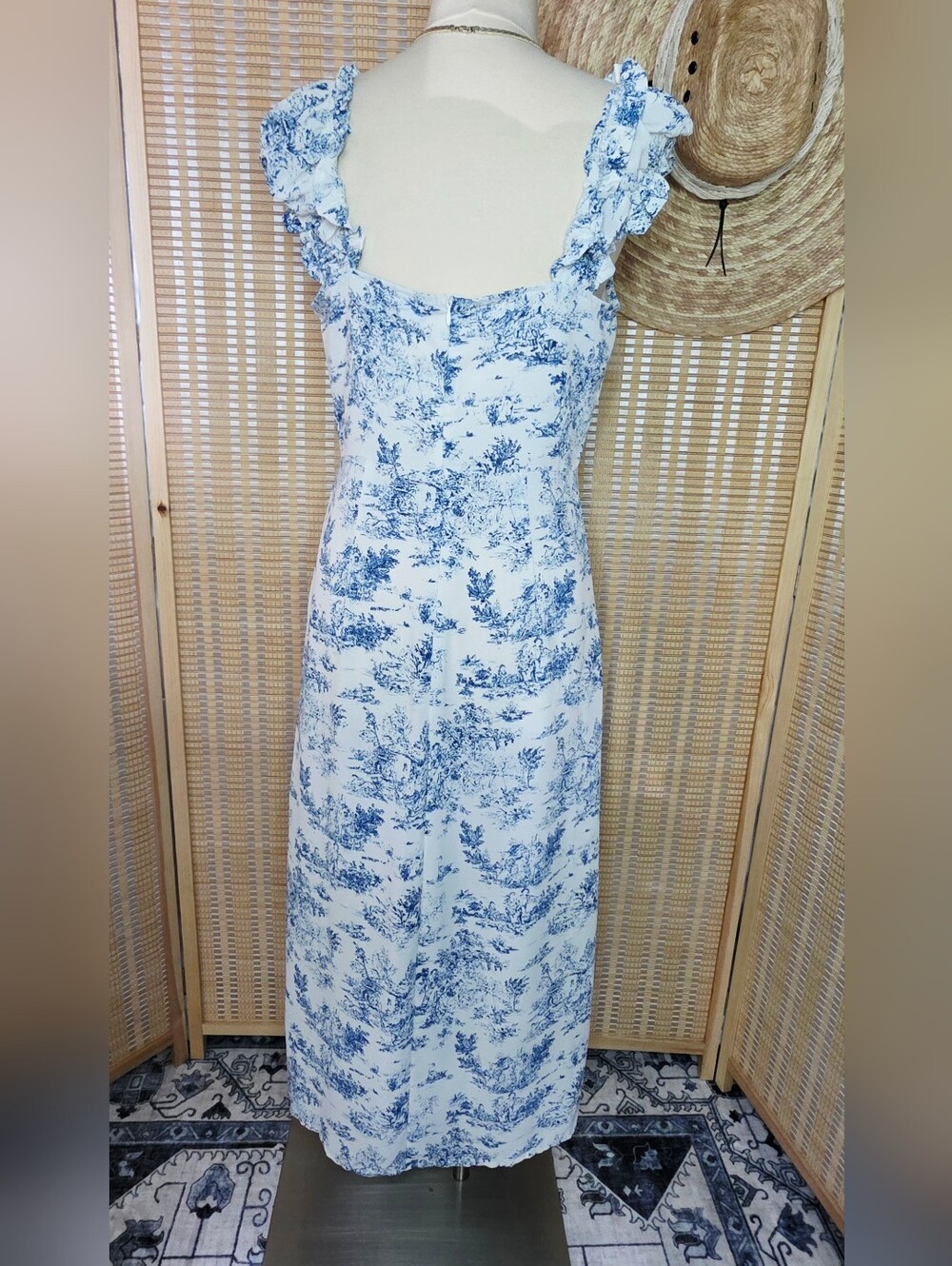 Blue White Toile Flowy Maxi Dress Ruffles Cottagecore , Size XL - Picture 4 of 9